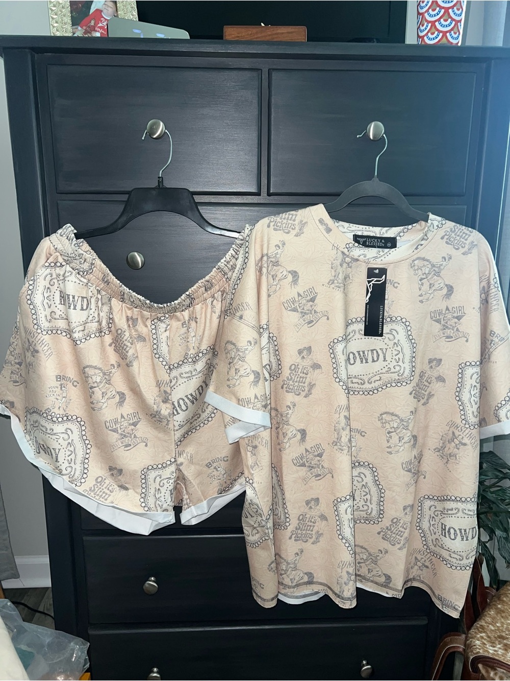 Lucky & Blessed Western Print Short Sleeve Top and Shorts Set - Cream